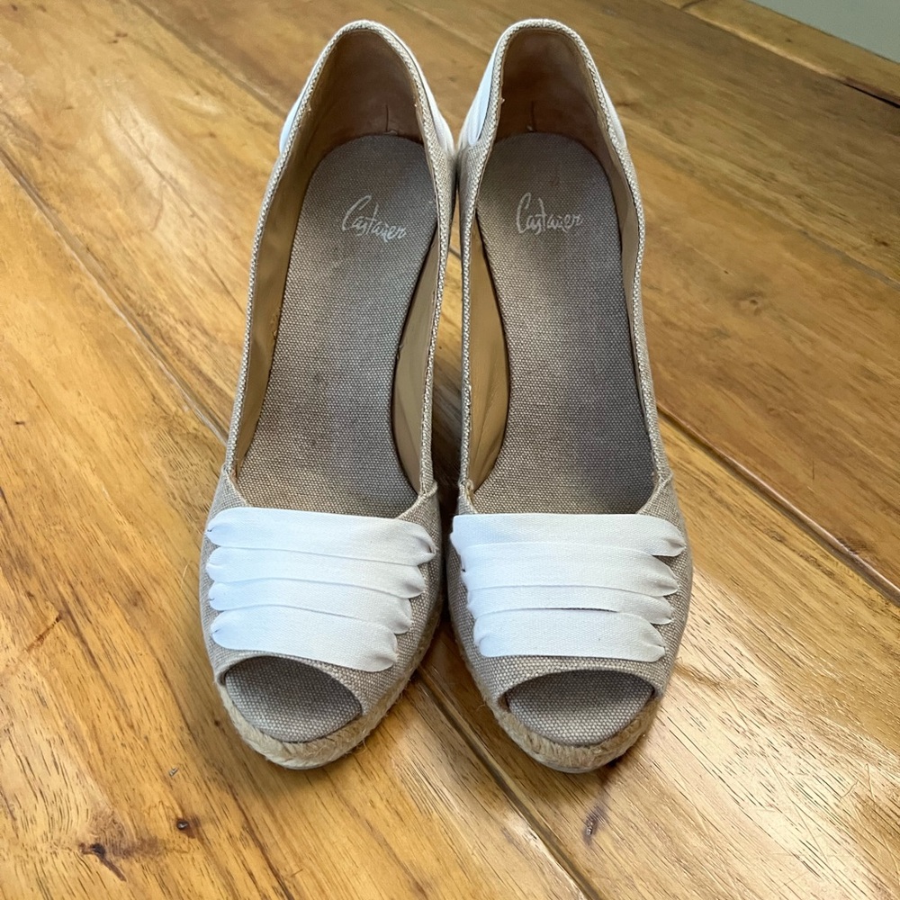 Castaner Beige Espadrille Wedges with White Pleated Toe Detail